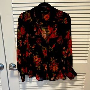 Black Sheer Floral Button-Up Blouse